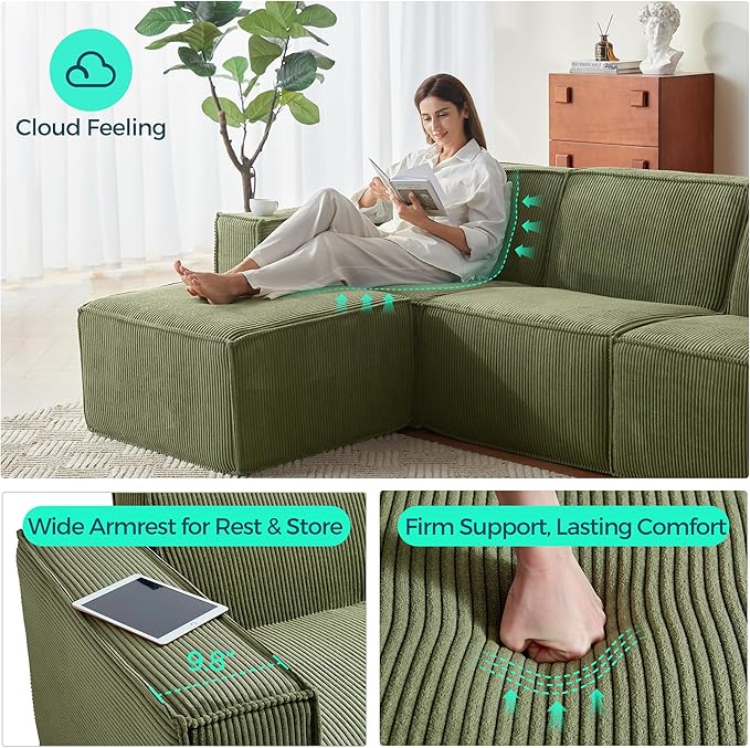 LINSY HOME Modular Sectional Sofa, 105" Boneless Couch U Shaped 3-Seat Sofa with 2 Ottomans, Corduroy Sectional Cloud Couches for Living Room, No Assembly Required, Green-Ruum Studio Home