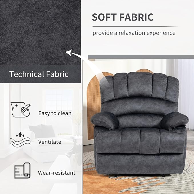 Luxlen Large Manual Recliner Chair,Soft Fabric Push Back Recliner with Overstuffed Armrest and Backrest, Living Room Single Sofa Recliners,Grey-Ruum Studio Home