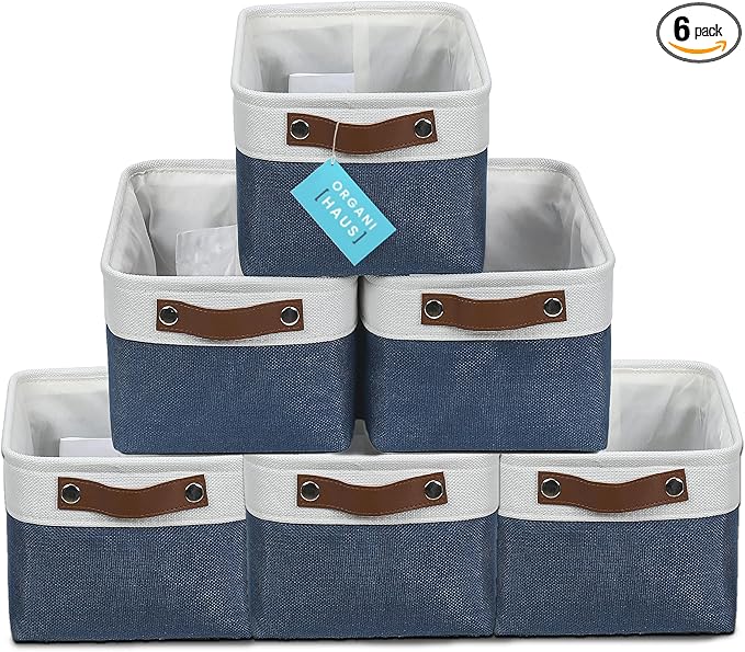 OrganiHaus Small Fabric Storage Baskets for Shelves 6 Pack, 12x8in Closet Storage Bins for Shelves, Cloth Baskets for Organizing, Linen Closet Organizers, Fabric Basket, Navy Blue/White-Ruum Studio Home
