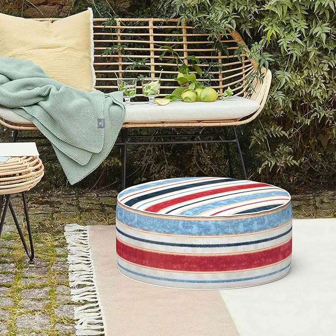 LVTXIII Inflatable Stool Ottoman Footrest with Handle, Decorative Fade-Resistant Foot Stool, Indoor or Outdoor Pouf for Home Garden and Camping Use, D21 x W 21 x H9, Stripe Red Blue-Ruum Studio Home