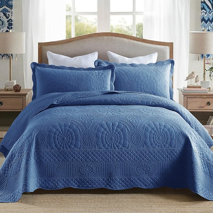 MarCielo 3-Piece 100% Cotton Oversized Bedspread Lightweight Quilt Coverlet Embroidery Farmhouse Bedding Set (Tf Midtone Blue, Oversized Queen (100"x106"))-Ruum Studio Home