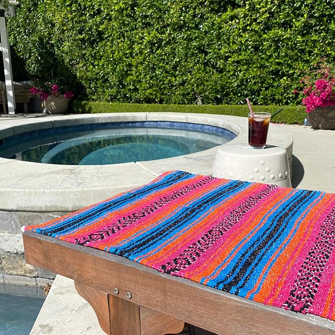 Del Mex Classic Mexican Blanket, Large Authentic Woven Falsa Throw (70"x50"), Artisan Southwest Décor for Beach, Yoga, Outdoors (Turquoise/Pink/Orange)-Ruum Studio Home