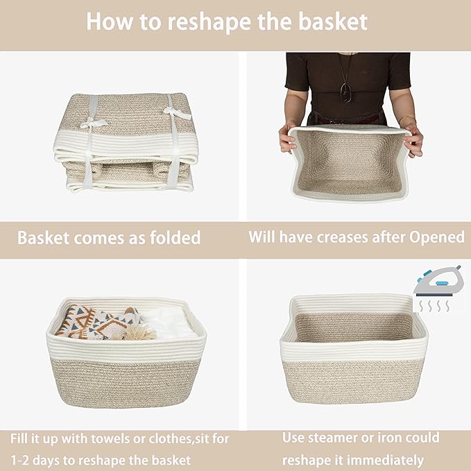 Cotton Rope storage Basket Bins Woven Basket for Organizing Shelves Rectangle Decorative Baskets For storage Clothes Toys Books Towels Square Wicker Nursery basket organizer 3 pack white and brown-Ruum Studio Home