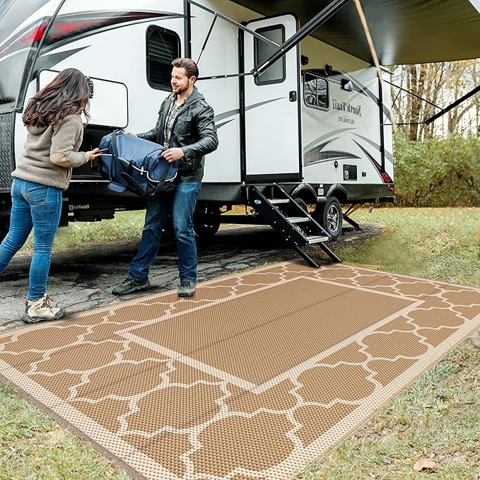 GENIMO 6' x 9' Outdoor Rug Waterproof for Patio Decor, Foldable Reversible Plastic Straw Area Rugs Mat for Camper, Outside Carpet for Rv, Deck, Porch, Picnic, Beach, Balcony, Brown & Beige-Ruum Studio Home
