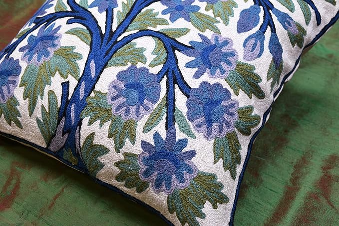 Blue Tree of Life Pillow Cover Indigo Plant Floral Pillowcase Needlepoint Botanical Flower Suzani Cushions Traditional Boho Modern Floral Cushion Wool Size - 18x18-Ruum Studio Home