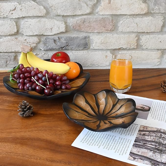 AeraVida 8-Inch Handmade Mango Wood Lotus Blossom Plate Tray | Decorative Carved Wooden Bowl for Tabletop, Entryway or Kitchen | Rustic Boho Accent Dish for Home Décor or Gifting-Ruum Studio Home