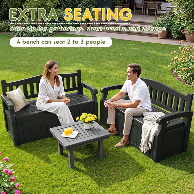 Greesum 80 Gallon Storage Bench Outdoor Deck Box with Armrest, Patio Furniture,Lockable, Waterproof and UV Resistant, Suitable for Garden, Pool, Black-Ruum Studio Home