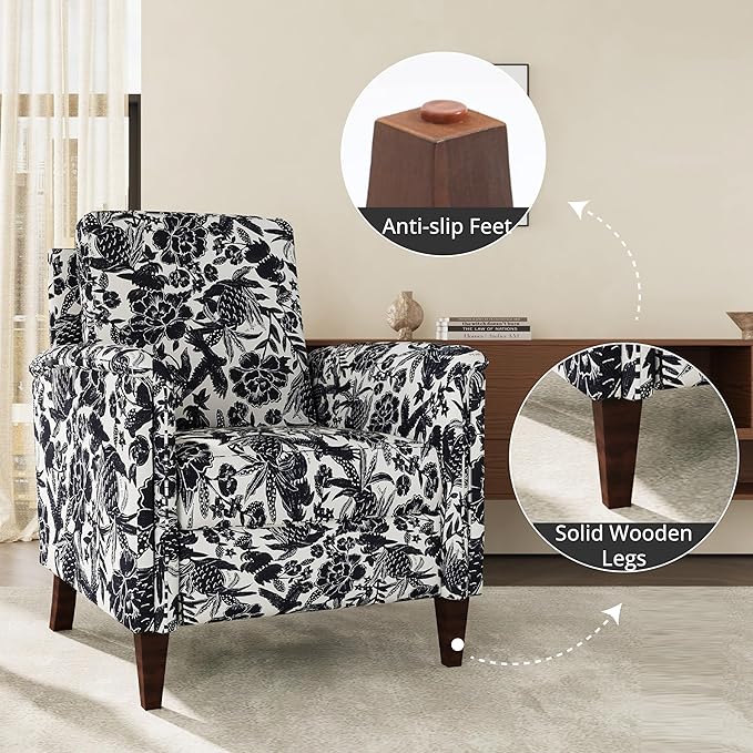 Floral Accent Chair, High Back Upholstered Armchair with Solid Wooden Legs, Padded Armrest and Removable Comfortable Cushioned Seat Single Sofa for Living Room, Bedroom, Black-Ruum Studio Home