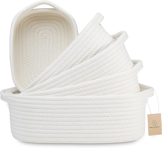 NaturalCozy 5-Piece Rectangle Storage Basket Set- Natural Cotton Rope Woven for Organizing! Small Basket for Montessori, Baby Nursery, Dog Toy Baskets, Cat Toy Box, Bathroom Organization Bin-Ruum Studio Home