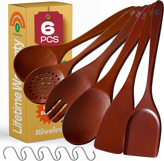 Riveira Set of 6 Premium Brown Bamboo Cooking Utensils - Bamboo Utensils for Cooking - Non-Toxic Kitchen Set - Wooden Kitchen Utensils for Non-Stick Cookware-Ruum Studio Home