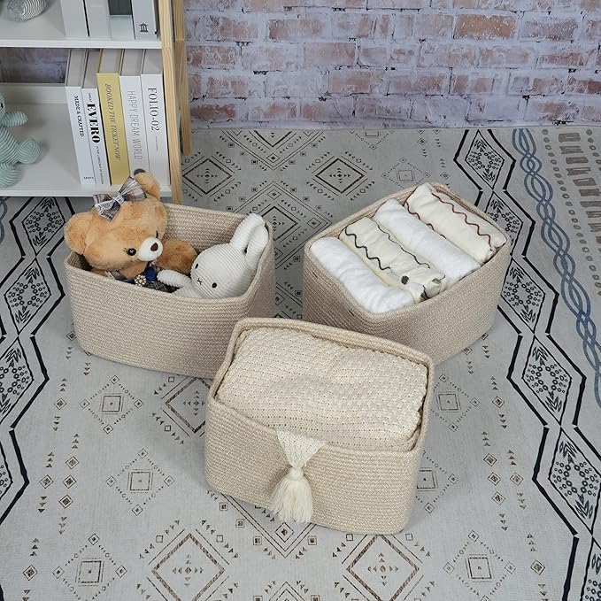 Rope storage Basket Bins Woven Basket for Organizing Shelves Rectangle Decorative Baskets For storage Clothes Toys Books Towels Square Wicker Nursery basket organizer 3 pack Oatmeal-Ruum Studio Home