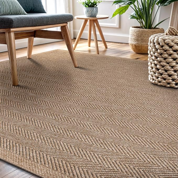 CAMILSON Easy Jute Rug 9x12, Indoor Outdoor Natural Color Fiber Area Rugs for Living Room and Patio Rug Herringbone Seagrass Boho Woven Design Easy-Cleaning Washable Outside Carpet Alfombras 9 x 12-Ruum Studio Home