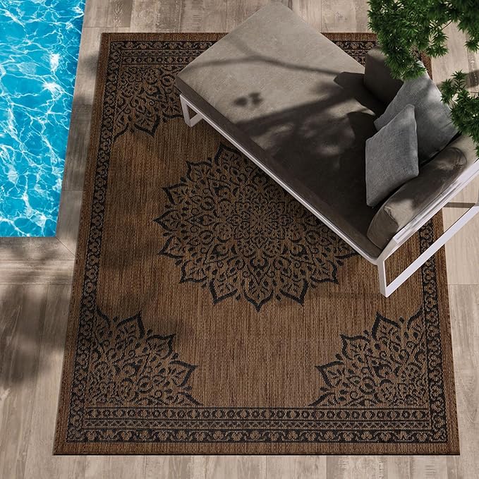 CAMILSON Outdoor Rug, 9x12 Medallion Nut Brown Black Modern Area Rugs for Large Indoor and Outdoor Patios, Kitchen and Hallway Mats, Washable Porch Deck Outside Carpet (Nut Brown Black, 9 x 12)-Ruum Studio Home