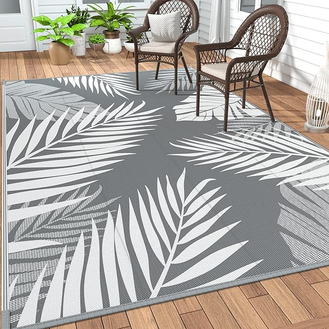 GENIMO Outdoor Rug 8' x 10' Waterproof for Patios Clearance, Reversible Plastic Straw Camping Rug Carpet, Large Area Rugs Mats for RV, Picnic, Backyard, Deck, Balcony, Porch, Beach, Grey&White-Ruum Studio Home