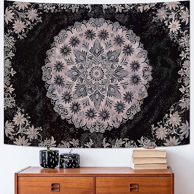 Fowocu Boho Floral Mandala Tapestry Wall Hanging Grey Bohemian Flower Medallion Tapestry Aesthetic Gray Black Hippie Indian Small Tapestries for Bedroom Living Room Dorm Decor 48 x 36 Inch-Ruum Studio Home
