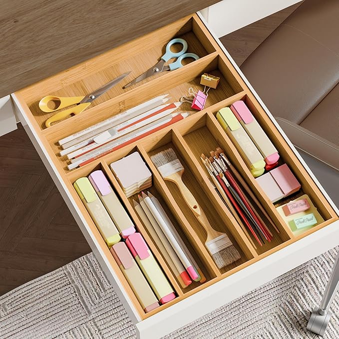 BAMEOS Bamboo Silverware Drawer Organizers, 11.9 inch Utensil Drawer Organizer for Kitchen Drawers, 7 Slots Total Large Flatware Organizer for Knives Cutlery Spoons Forks (Natural)-Ruum Studio Home