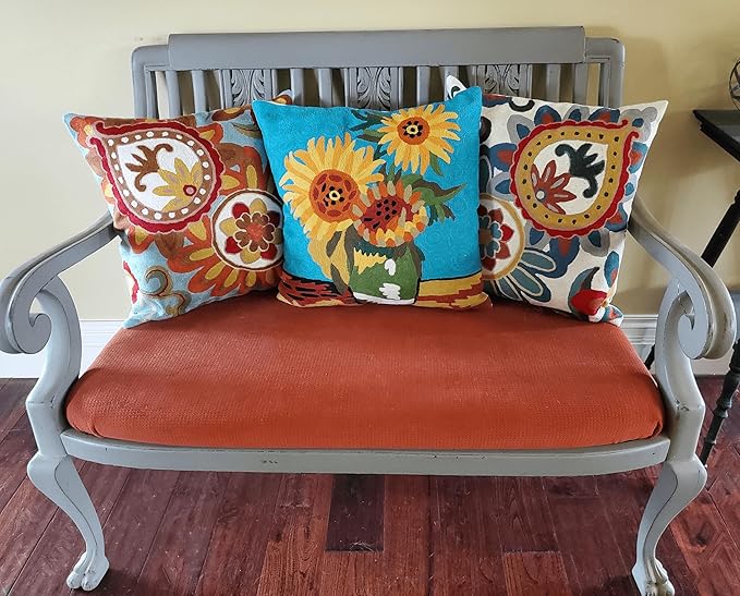 Turquoise Van Gogh Sunflower Pillow Cover Teal Floral Sofa Pillowcase Flower Chair Cushion Accent Throw Flowery Outdoor Pillows Farmhouse Couch Handmade Wool Size 18x18-Ruum Studio Home