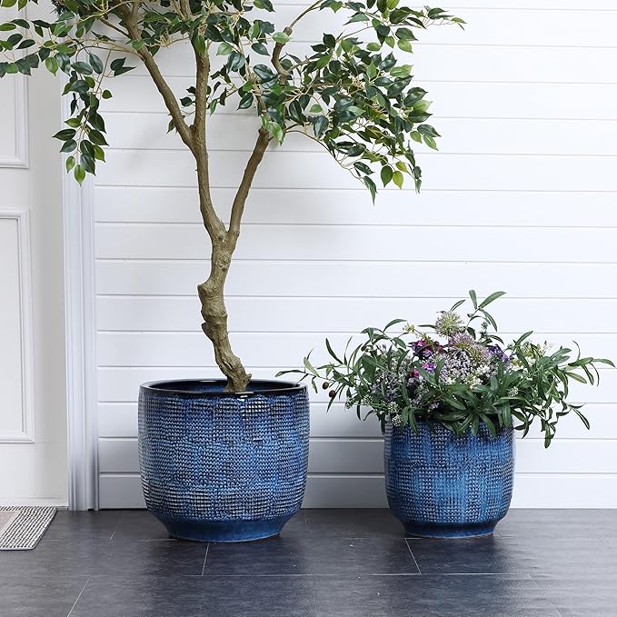 LuxenHome 12" Dia Large Ceramic Pots for Plants, Ocean Blue Glazed Planters for Outdoor Plants, Round Indoor Flower Pots with Drainage Hole and Rubber Plug for Home Garden Patio-Ruum Studio Home
