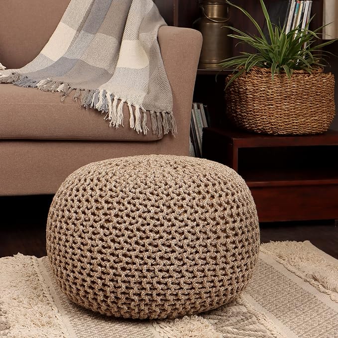 REDEARTH Round Pouf Ottoman - Hand Knitted Cable Boho Poof Home Décor Pouffe Circular Footrest for Living Room - Nursery - Bedroom - Lounge 100% Cotton (18”x18”x14”) - Beige Ivory-Ruum Studio Home