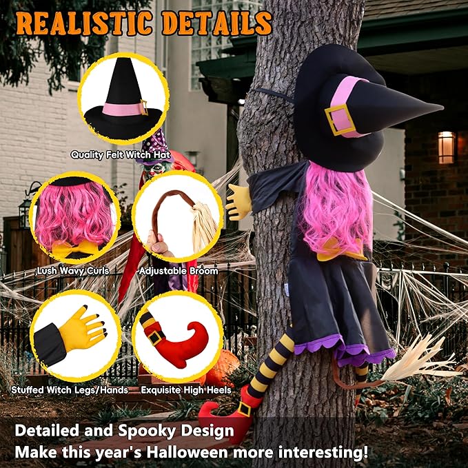 POPGIFTU 51" Halloween Crashing Witch Decoration – Pink Flying Witch for Tree, Yard, Porch, and Indoor Outdoor Halloween Décor-Ruum Studio Home