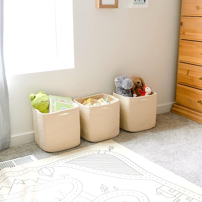 NaturalCozy Storage Cubes 11 Inch Cotton Rope Woven Baskets for Organizing, 3-Pack | Cube Storage Bin | Square Storage Baskets for Shelves Organizer, Classroom, Kids Toy Bins, Closet, Baby Nursery-Ruum Studio Home
