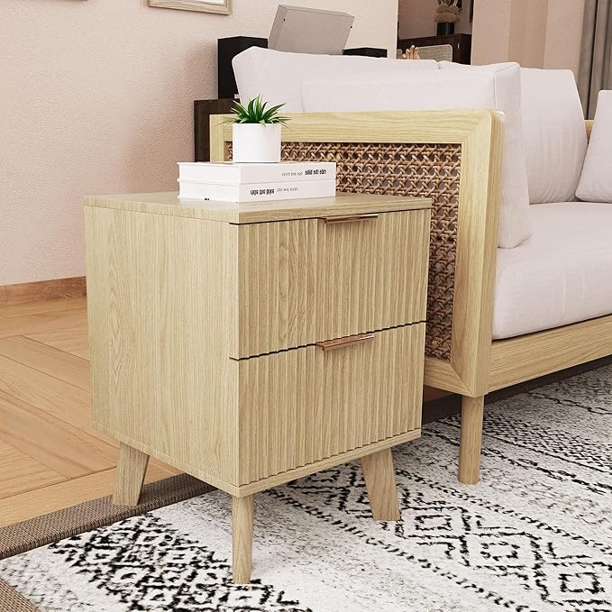 Fluted Nightstand, Mid Century Modern 2 Drawer Bedside Table for Bedroom, Small Dresser Night Stand Side End Table with Wood Fluted Drawer Storage for Bedroom Closet(Natural)-Ruum Studio Home