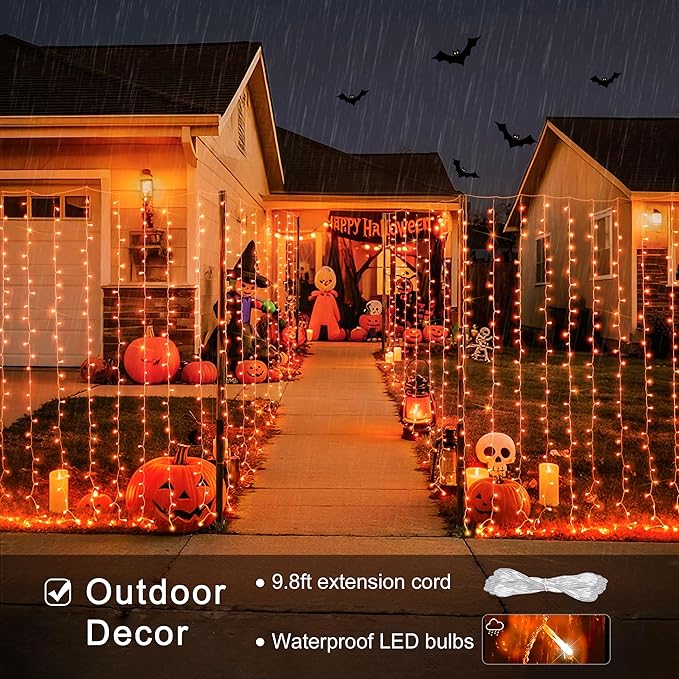 JMEXSUSS 300LED Orange Halloween Lights with Remote, 9.8x9.8ft Halloween Curtain Light, 8 Modes Orange Hanging String Lights Plug in for Fall Bedroom Thanksgiving Window Party Indoor Outdoor Decor-Ruum Studio Home