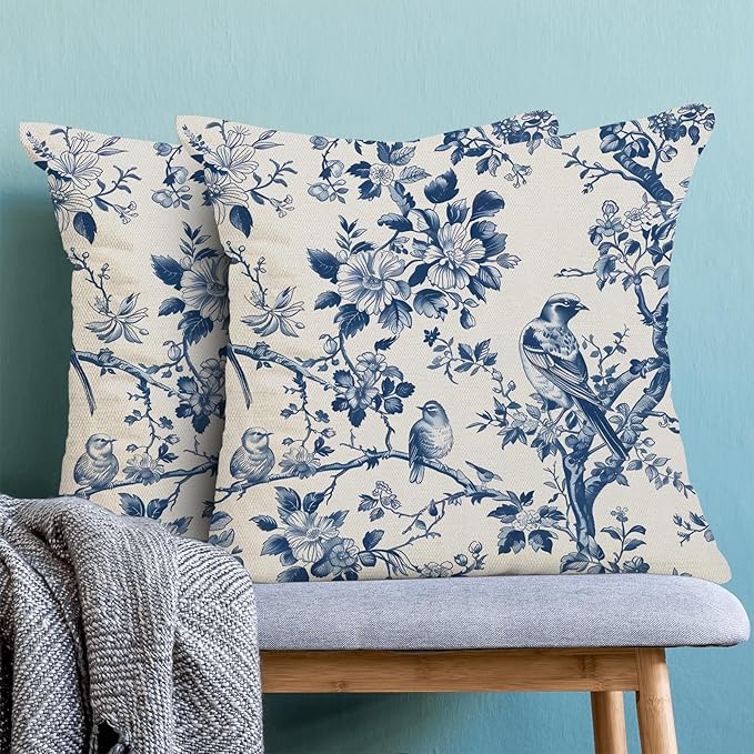 Navy Blue Spring Floral Pillow Covers 18 x 18 Inch Set of 2 for Vintage Chinoiserie Flowers Bird Decor Throw Pillows Plant Farmhouse Outdoor Decorative Cushion Cases for Couch Bed Decorations-Ruum Studio Home