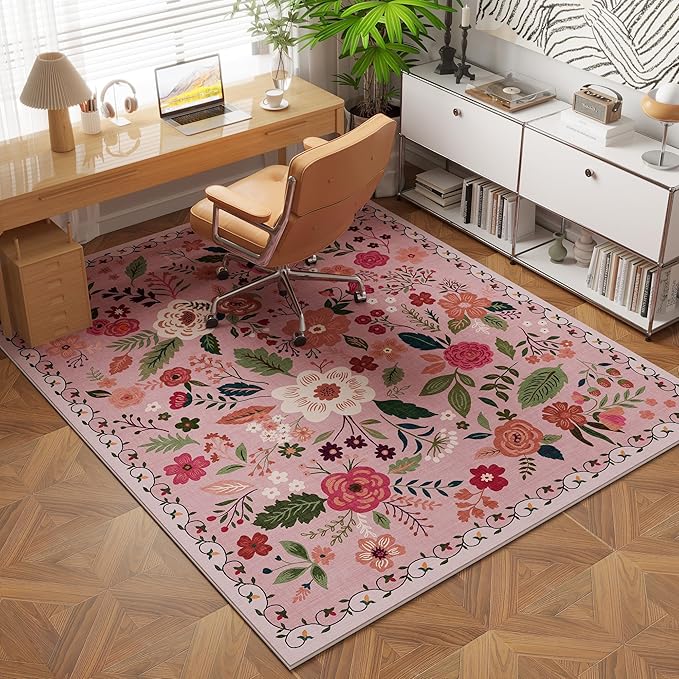 Area Rug 4x6 Rug Washable Boho Rugs Non Slip Low Pile Floral Small Carpet for Bedroom, Bedside, Kids Room, Office, Dining Room(Pink)-Ruum Studio Home
