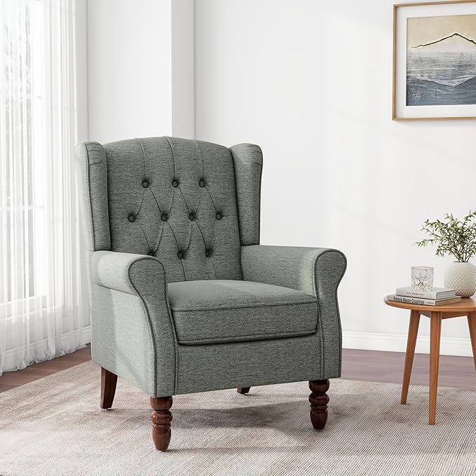 Accent Chair, Upholstered Armchair with Button Tufted High Back & Solid Wood Legs, Comfy Wingback Reading Single Sofa Chair for Small Spaces, Living Room, Bedroom (Grey, Set of 1)-Ruum Studio Home