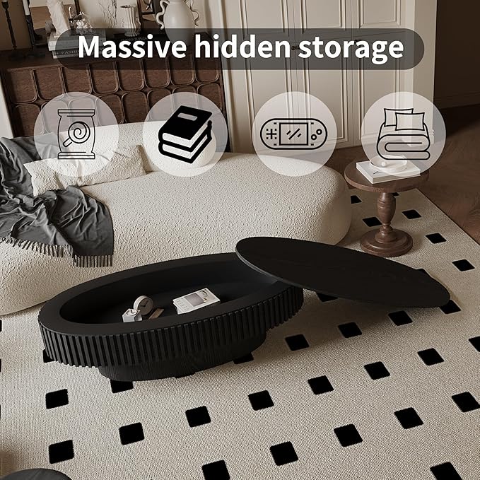 47.2''Oval Coffee Table with Storage, Mid Century Modern Fluted Drum Center Tables with Lid, Solid Wood Side Pedestal Coffee Table Tea Table for Living Room, Bedroom, Apartment-Black-Ruum Studio Home