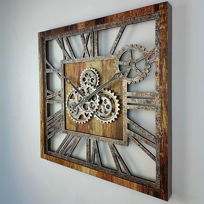 The Gears Clock 24'' Inch Square Real Moving Gear Wall Clock Vintage Industrial Oversized Rustic Farmhouse (Vintage Brown)-Ruum Studio Home