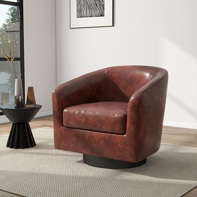 Swivel Barrel Accent Chair, Modern Round Faux Leather Arm Chair for Living Room, Bedroom, Comfy Club Reading Chairs for Adults(Faux Leather, Red Brown, Set of 1)-Ruum Studio Home