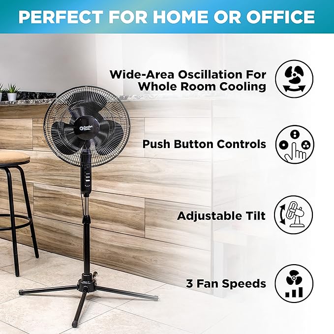 Comfort Zone Electric Oscillating Pedestal Fan, Stand Fan, 16 inch, 3 Speed, 90 Degree Oscillating Head, Adjustable Height and Tilt, Airflow 7.48 ft/sec, Ideal for Home, Bedroom & Office, CZST161BTEBK-Ruum Studio Home