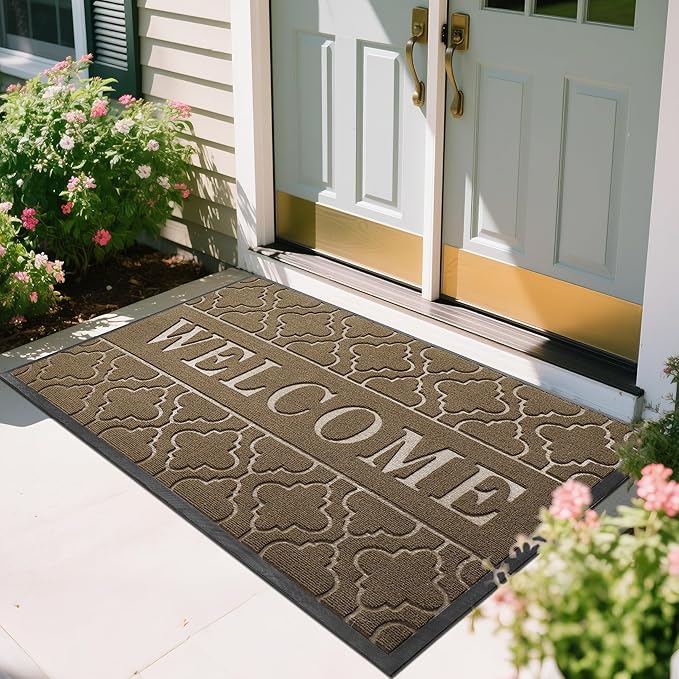 Yimobra Welcome Mat Outdoor Indoor, All-Season Waterproof Front Door Mat Outside Entrance, All-Weather Heavy Duty Non-Slip Doormat, Low Profile Porch Patio Entrance Mats, 60x36, Coffee-Ruum Studio Home