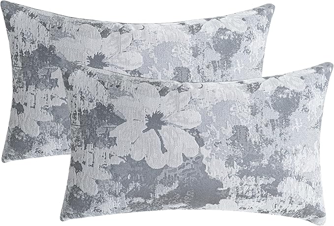 Jacquard Throw Pillow Covers 12x20 Inch Set of 2 - Vintage Floral Boho Pillow Cases with Botanical Pattern | Farmhouse Decor for Couch Living Room | Soft Textured Neutral Trio Slate Gray 12" x 20"-Ruum Studio Home
