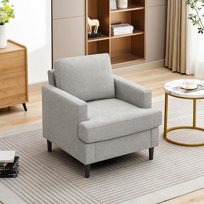 Mid-Century Accent Chair,Modern Linen Fabric Armchair for Living Room,Comfy Upholstered Reading Accent Chairs for Bedroom,Single Sofa Chair with Wood Legs (Light Grey, 1 Pack)-Ruum Studio Home