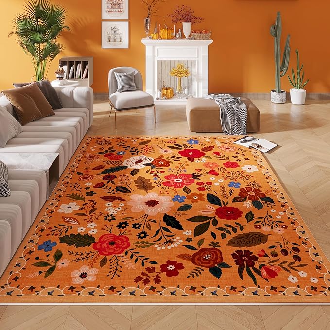 Living Room Rug 5x7 Rug Machine Washable Boho Area Rug Non Slip Floral Vintage Low Pile Large Rugs for Living Room, Bedroom, Farmhouse, Dining Room, Kids Playroom(Yellow)-Ruum Studio Home