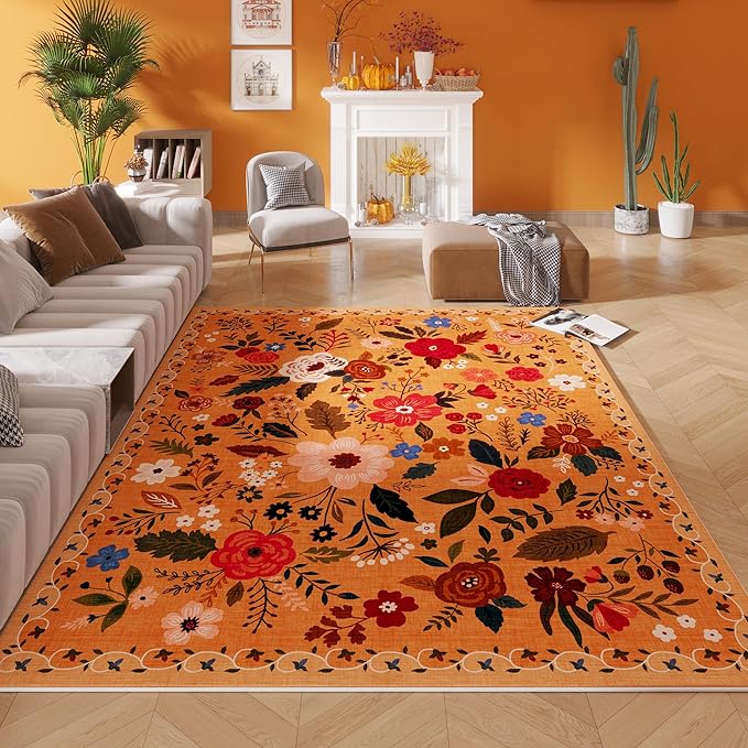 Area Rugs 8x10 Rug for Living Room Clearance Washable Boho Area Rug Non Slip Floral Vintage Low Pile Large Rug for Living Room, Bedroom, Farmhouse, Dining Room, Kids Playroom(Yellow)-Ruum Studio Home