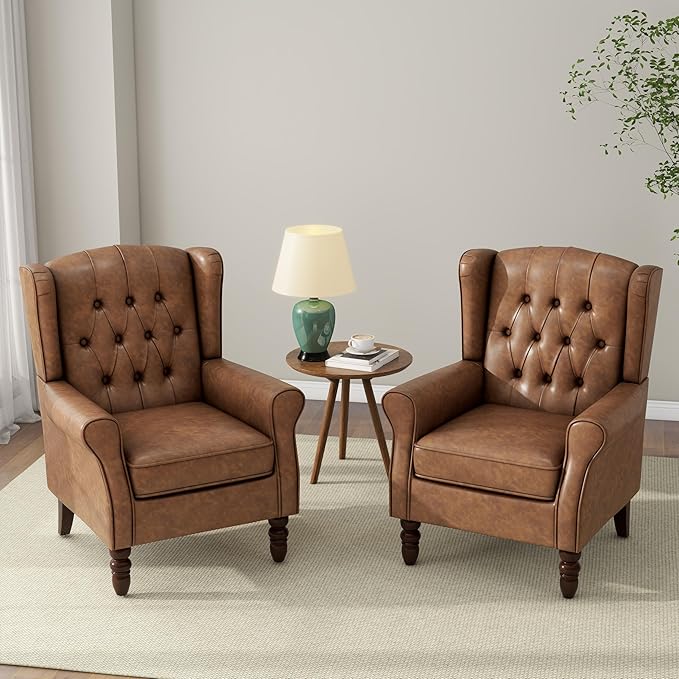 Accent Chair, Upholstered Armchair with Button Tufted High Back & Solid Wood Legs, Comfy Wingback Reading Single Sofa Chair for Small Spaces, Living Room, Bedroom (Leather Brown, Set of 1)-Ruum Studio Home