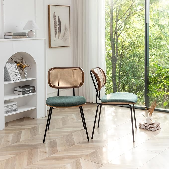Rattan Dining Chairs Set of 4, Mid Century Modern Dining Chairs with Cane Back for Kitchen Dining Room, 19 Inch Fabric Green-Ruum Studio Home