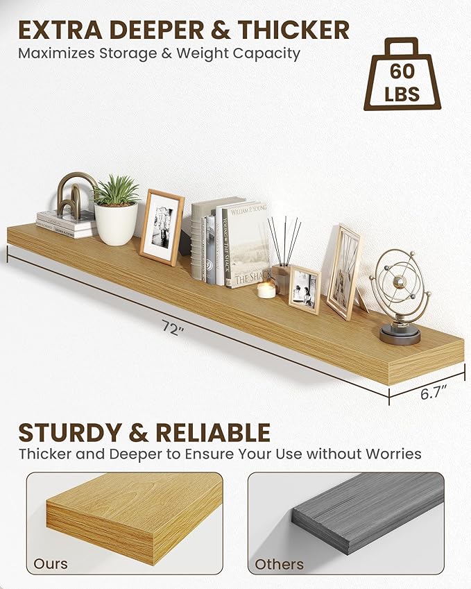 Marsmiles 72" Floating Shelves for Wall, Wooden Shelves with Invisible Brackets Set of 2, Rustic Farmhouse Wall Mounted Shelf for Kitchen Bathroom Living Room Study, Natural Oak-Ruum Studio Home