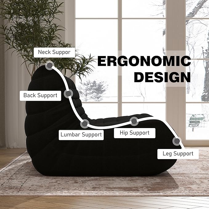 Bean Bag Chair, Loveseat Fireside Chair Bean Bag Sofa Large Bean Bag Chair for Adults, 2 Seater Bean Bag Chairs for Teens with High Density Comfortable Foam, Bean Bag for Living Room, Bedroom (Black)-Ruum Studio Home