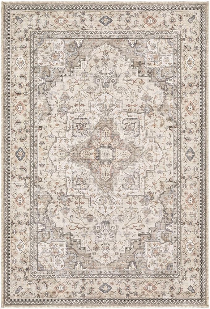 Washable Area Rugs for Living Room -2x3 Neutral Vintage Distressed Floral Farmhouse Boho Large Soft Floor Rug Indoor Non Slip Carpet for Bedroom Dining Room Office - Brown/Multi-Ruum Studio Home