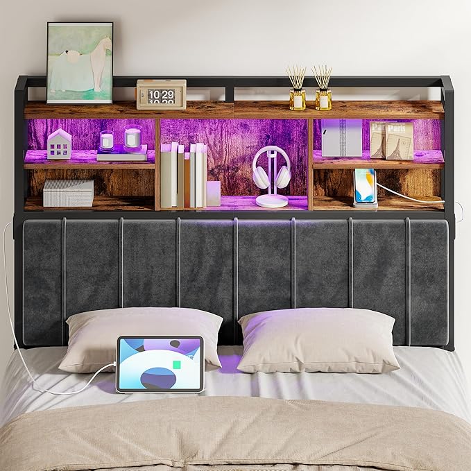 Headboard with 3-Tier Storage Shelves, Velvet Upholstered Head Board with 2 Outlets, USB Ports & LED Light, Soft Backrest for Full Size Bed, Rustic Brown and Black BH13801B-Ruum Studio Home