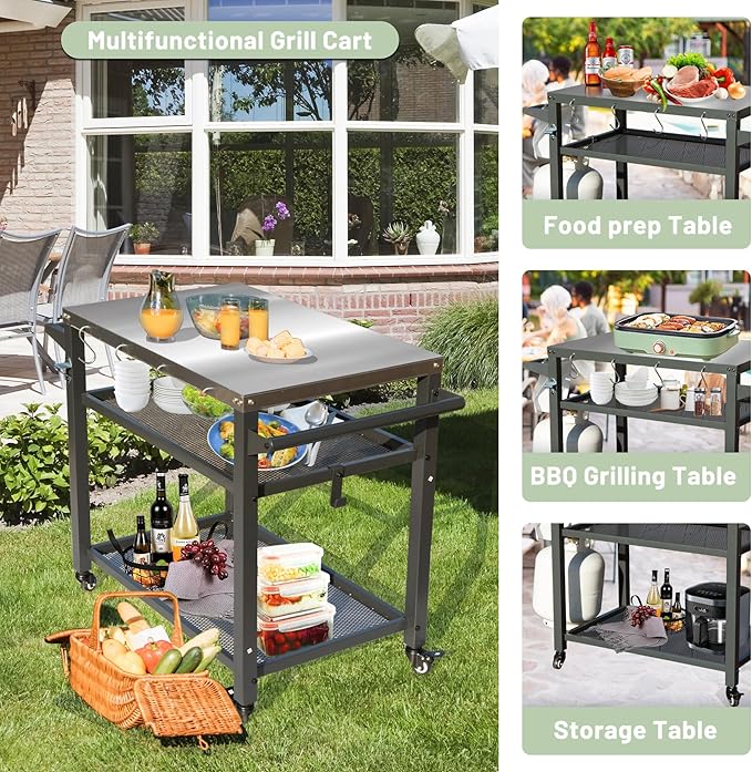 Domi 3-Shelf Outdoor Grill Table, Grill Cart with Wheels, Outdoor Pizza Oven and Food Prep Table, Blackstone with Stainless Steel Tabletop, BBQ Stand for Blackstone Griddle for Outside BBQ-Ruum Studio Home