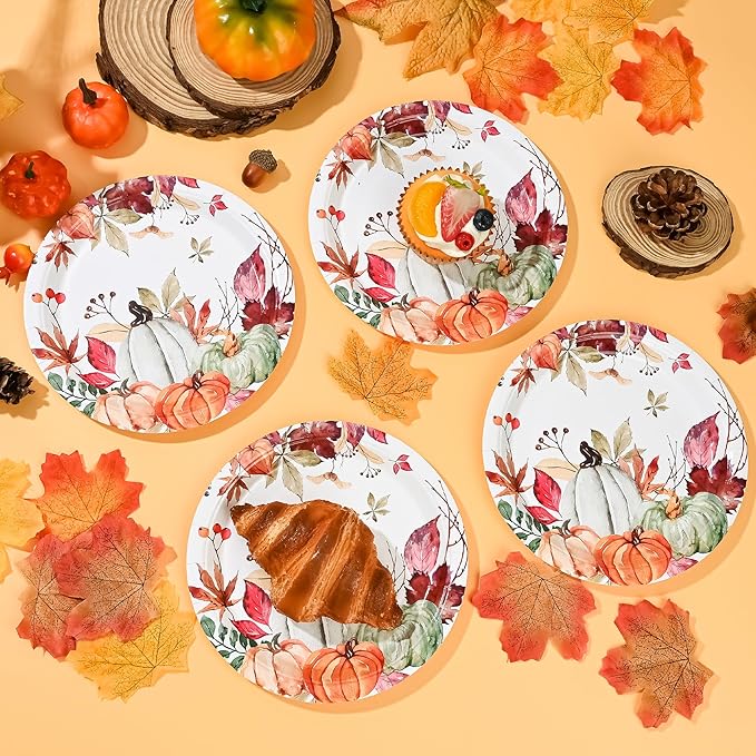 AllReal Fall Pumpkins Paper Plates Rustic Pumpkin Leaves Disposable Party Plate 7" Thanksgiving Autumn Dessert Plate for Birthday Baby Shower Party Supplies Table Decor (48)-Ruum Studio Home