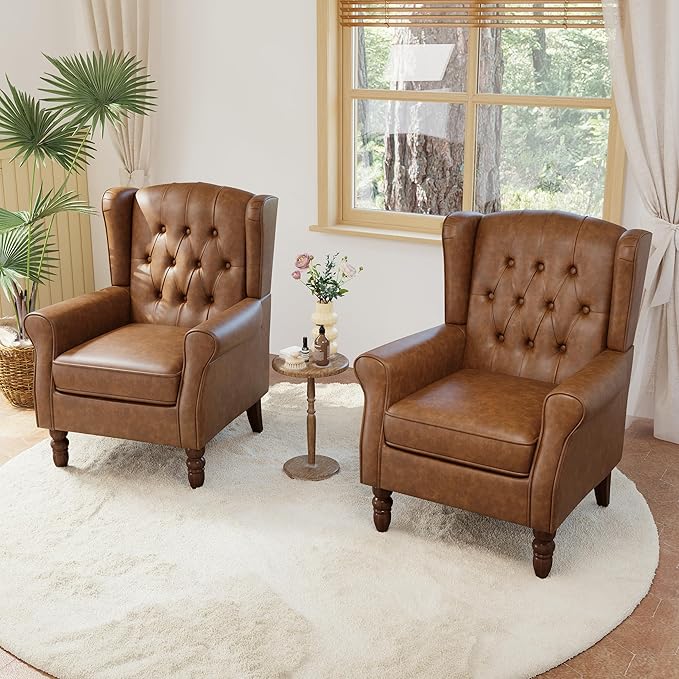 High Back Accent Chairs Set of 2,Upholstered Faux Leather Wingback Armchairs with Solid Wood Legs for Small Spaces,Comfy Single Sofa Chairs for Living Room,Bedroom,Office-Brown-Ruum Studio Home