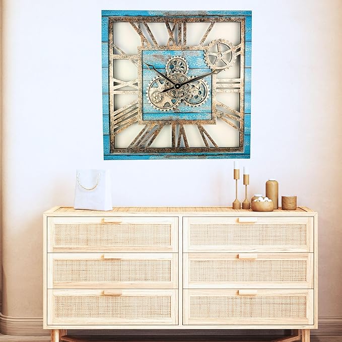 The Gears Clock 24'' Inch Square Real Moving Gear Wall Clock Vintage Industrial Oversized Rustic Farmhouse (Ocean Blue)-Ruum Studio Home