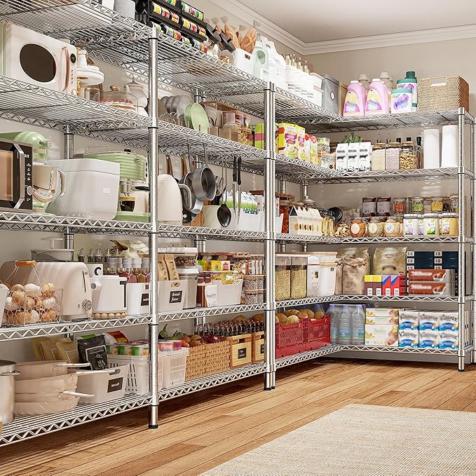 REIBII 69.8" W Storage Shelves 1510LBS Wire Shelving Unit 5 Tier Metal Shelving for Storage Rack Shelves Adjustable Heavy Duty Garage Shelf Pantry Shelves Kitchen Shelving,69.8"Wx15.8"Dx72.4"H,Chrome-Ruum Studio Home